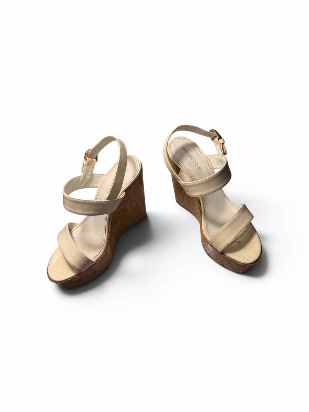 Sergio Rossi Cream Cork Wedge Sandals with Ankle Strap